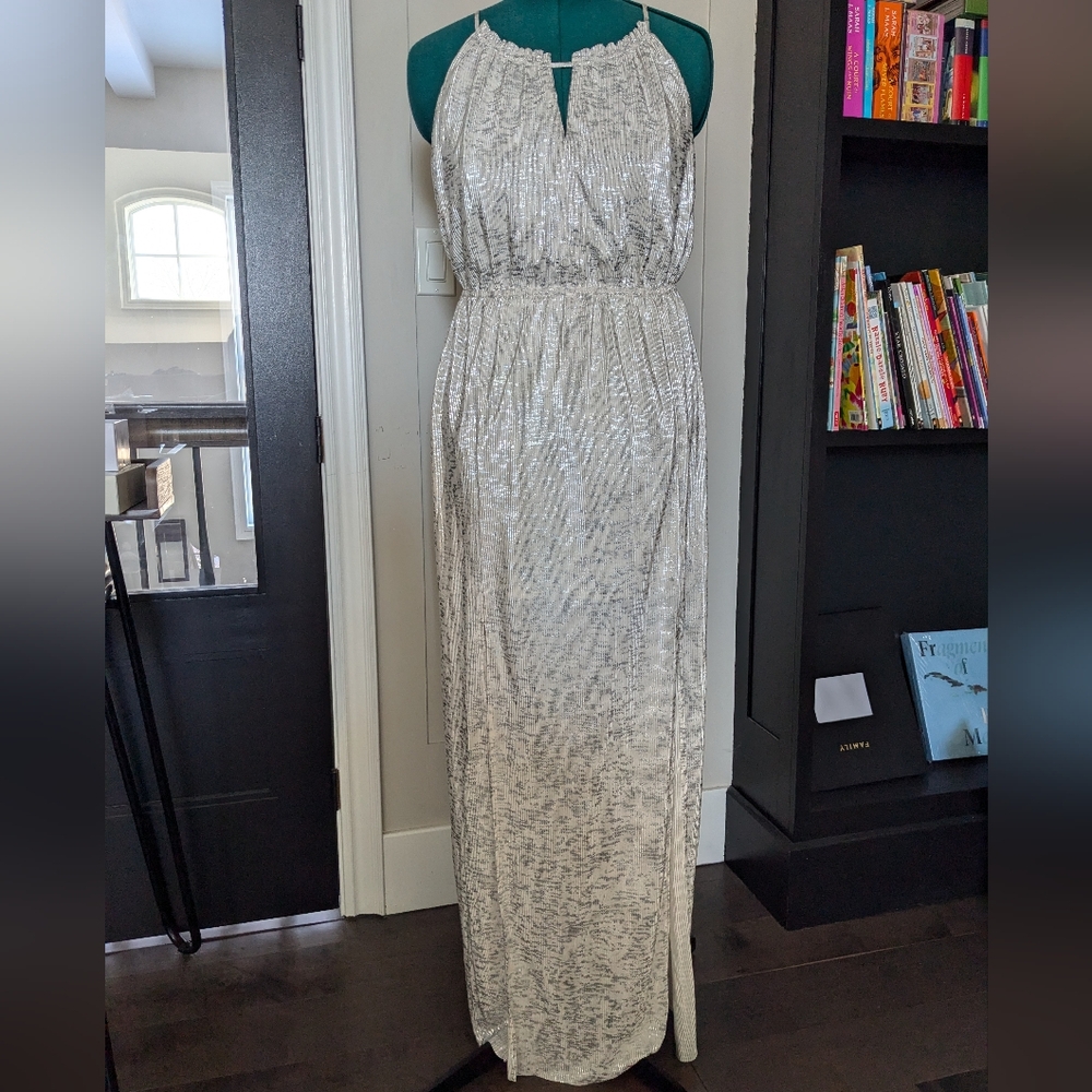 BCBG Metallic cream draped Maxi dress, women's large